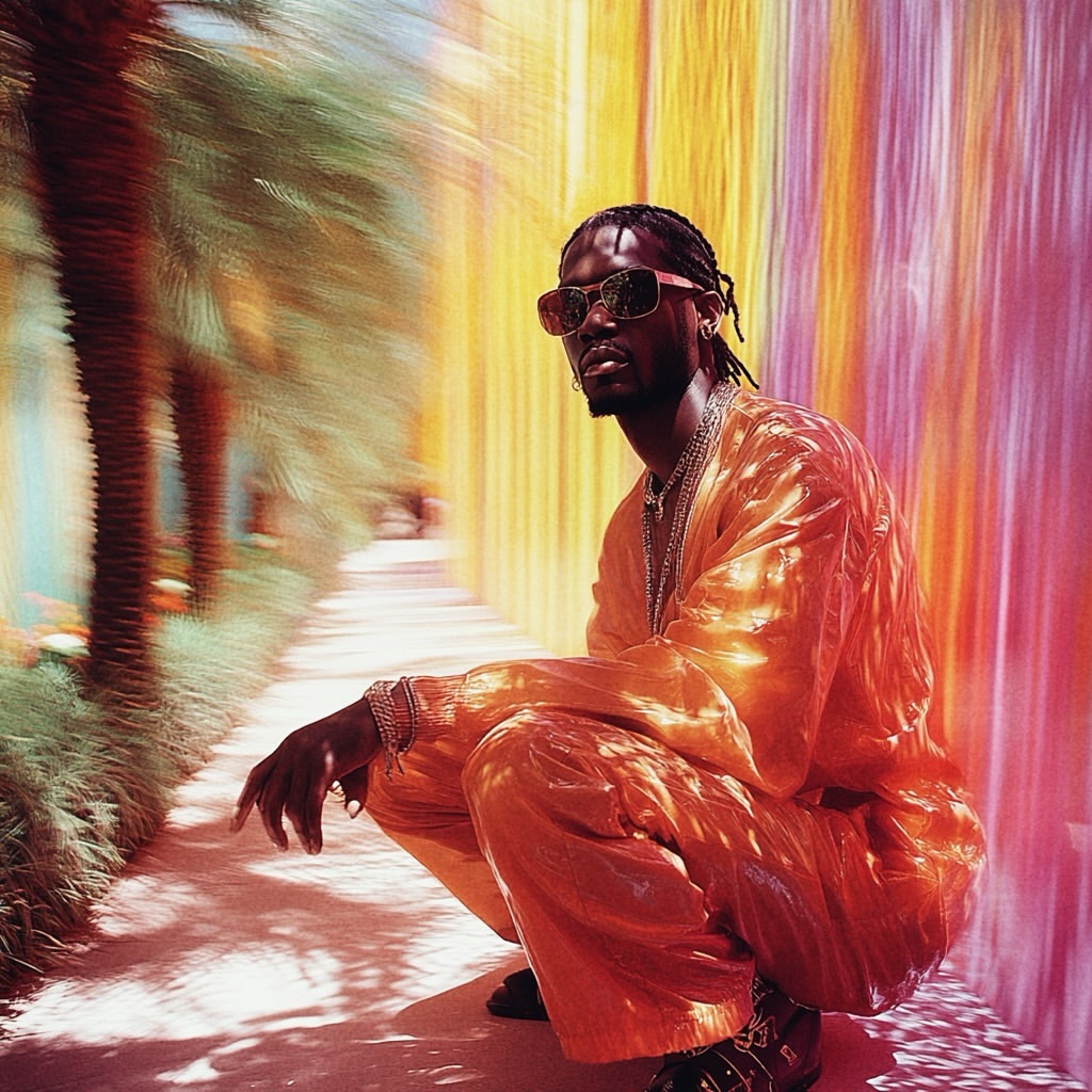 A stylish adult male in an orange jumpsuit poses in a squatting position, set against a backdrop of colorful walls and blurred palm trees.