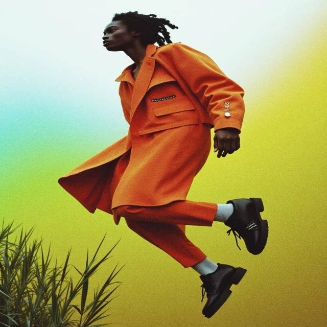 Fashion shot of a Black man in an orange suit jacket and pants jumping against a yellow and blue gradient background with grass.
