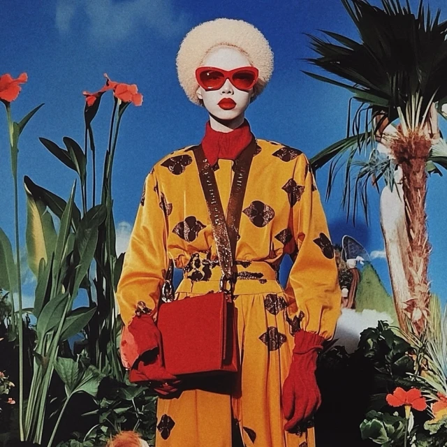 Fashionable person with an afro wearing red cat-eye glasses, a yellow print outfit, a red bag, gloves and red lipstick, in a surreal tropical setting.