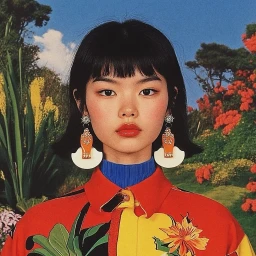 Portrait of an East Asian woman with a black bob and bangs wearing a vibrant red patterned shirt and large statement earrings against a floral backdrop.