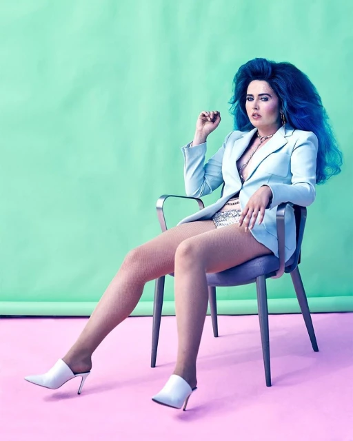 Portrait of a woman with blue hair sitting on a chair, wearing a light blue blazer, shiny shorts, white heels against a gradient backdrop.