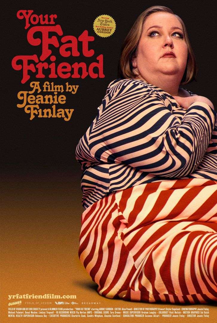 Movie poster featuring a woman in a striped shirt and pants, against a dark background with movie title and other information.