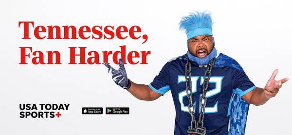 Enthusiastic sports fan in team colors with chains, USA Today Sports+ ad promoting Tennessee fandom with a plain studio background.