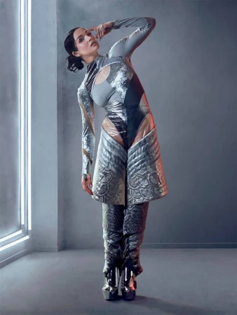 A woman in futuristic grey body suit and silver platforms poses in a grey photo studio with a vertical white neon light.