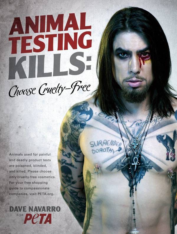 Public service announcement poster featuring musician Dave Navarro with simulated blood on his face for PETA's 'Animal Testing Kills' campaign.