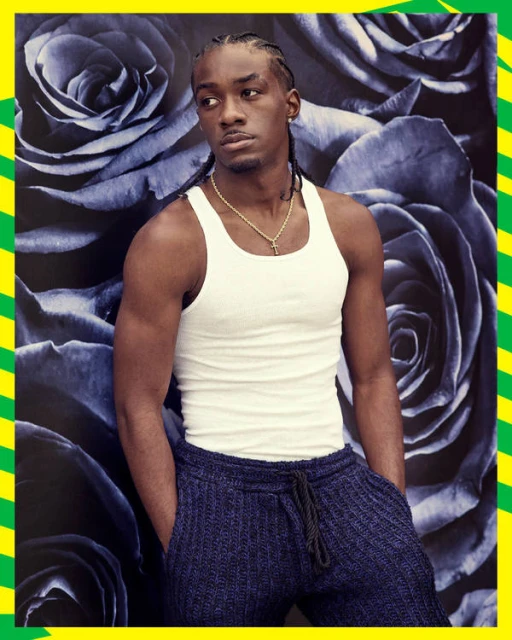 An adult Black male poses in a white tank top and knit pants against a backdrop of dark roses, framed by a yellow and green striped border.