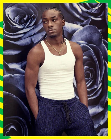 An adult Black male poses in a white tank top and knit pants against a backdrop of dark roses, framed by a yellow and green striped border.