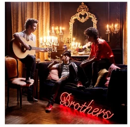 Three young men posing in a dimly lit room with ornate wooden paneling, a large gilt mirror, and a glowing neon sign reading Brothers
