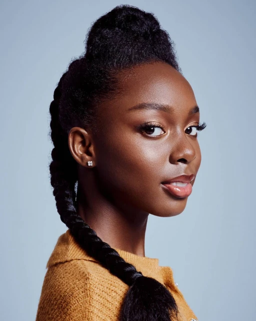 Portrait of a young Black woman with braided hair looking to the side against a light blue background, wearing a mustard yellow sweater.