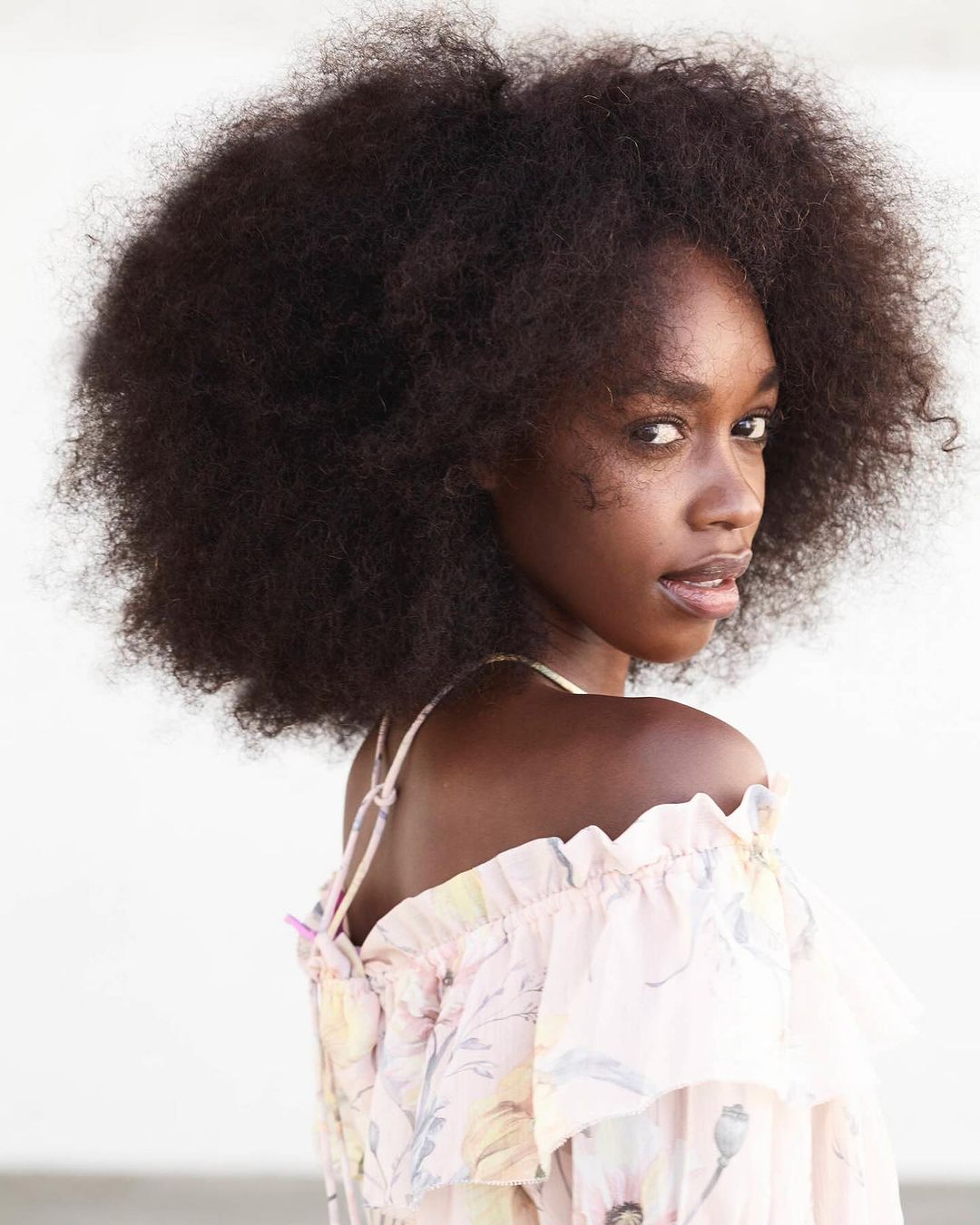 Portrait of a Black woman with large afro hairstyle wearing a floral off-shoulder dress against a neutral white background in eye-level shot.