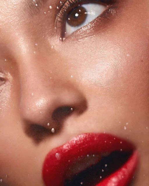 Close-up studio shot of a woman's face, featuring shiny red lipstick and delicate water droplets adorning her skin and around her eye.