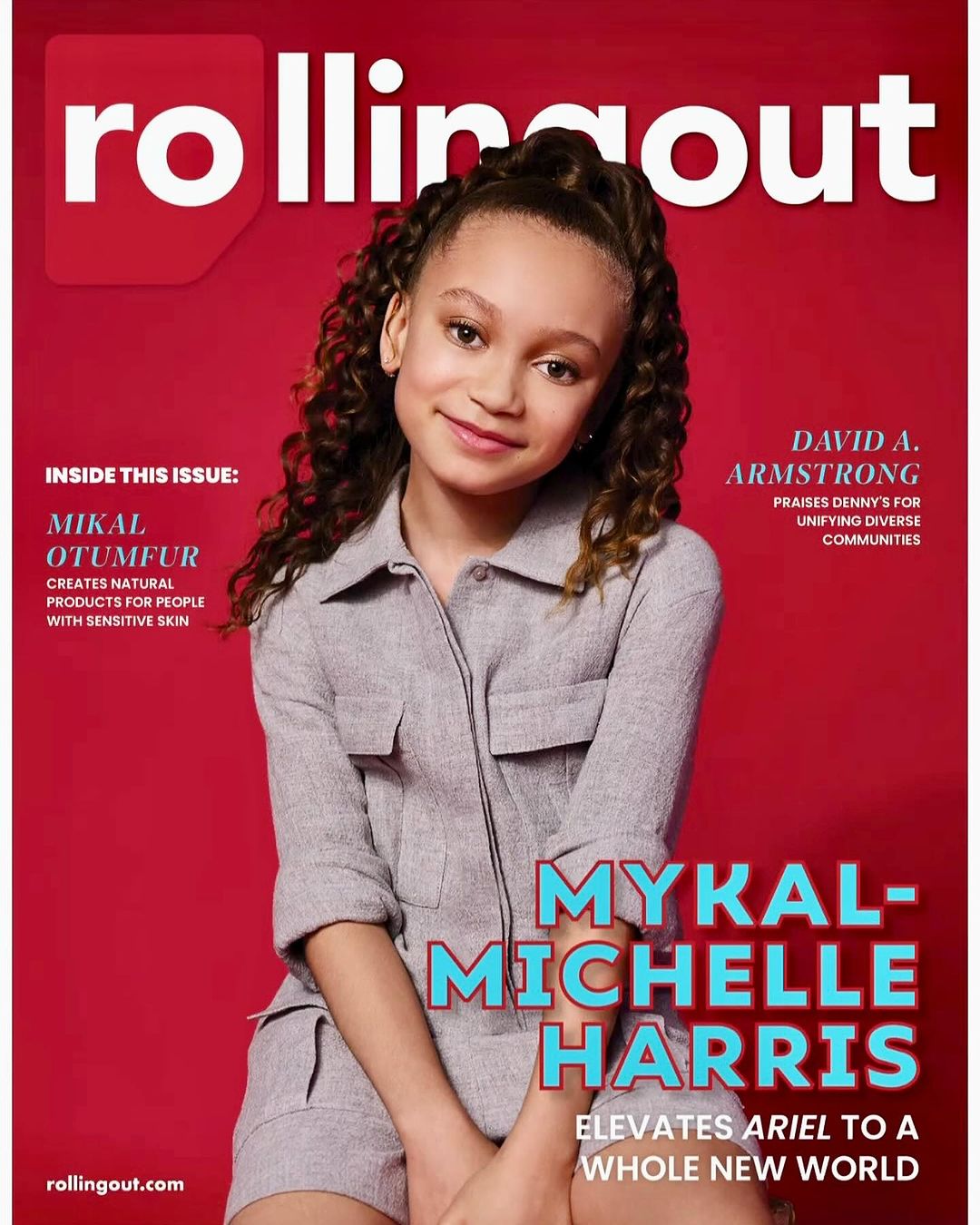 Magazine cover featuring Mykal-Michelle Harris in a jumpsuit against a red background, with Rolling Out magazine logo at the top.