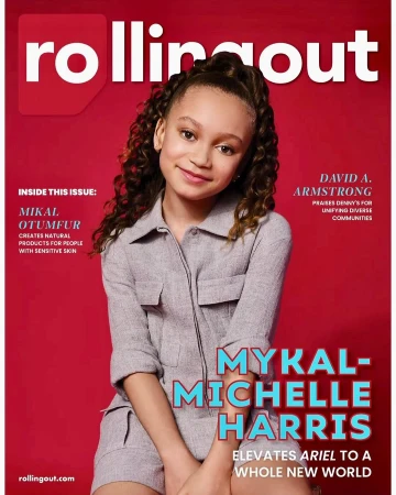 Magazine cover featuring Mykal-Michelle Harris in a jumpsuit against a red background, with Rolling Out magazine logo at the top.