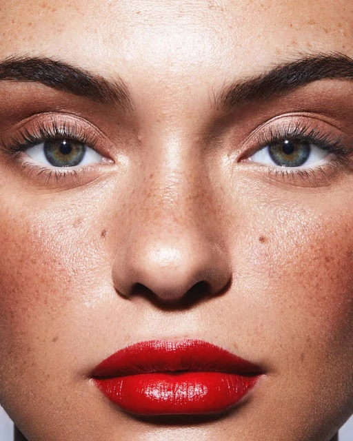 Close-up portrait of a fair-skinned woman with red lipstick, brown eye shadow, and freckles, focusing on her facial features and makeup.