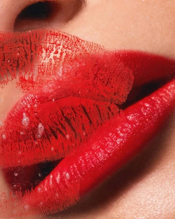 Extreme close-up macro portrait of red lips behind a glass surface covered in tiny water droplets and red lipstick smudges.