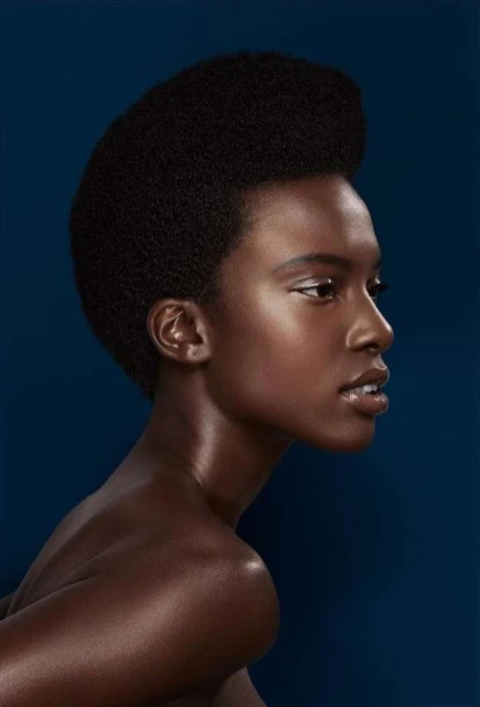 Portrait of a dark-skinned woman in a beauty shot against a solid dark blue background. The focus is on her hairstyle and complexion.
