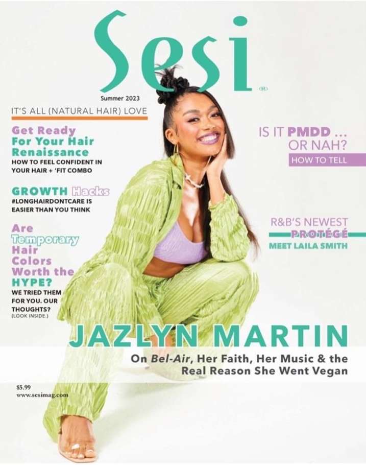 Magazine cover featuring a smiling woman in a lime green textured two-piece outfit against a white background by Nathalie Gordon