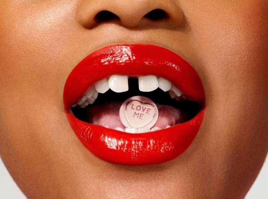 Close-up portrait of woman's face with bright red lipstick, white teeth, and a candy with text 'Love Me' on tongue.