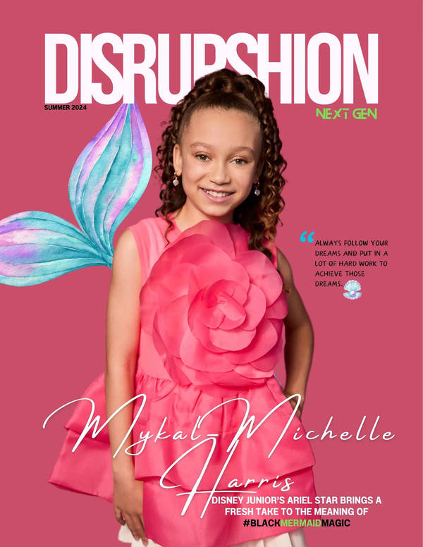 Magazine cover featuring Mykal Michelle Harris, Disney Junior's Ariel star, in a pink dress with a flower, against a pink backdrop.