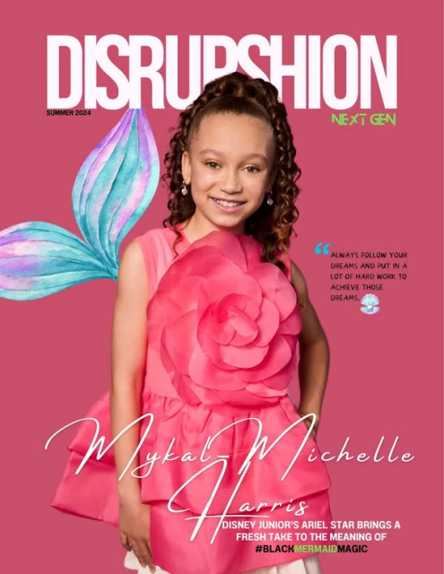Magazine cover featuring Mykal Michelle Harris, Disney Junior's Ariel star, in a pink dress with a flower, against a pink backdrop.