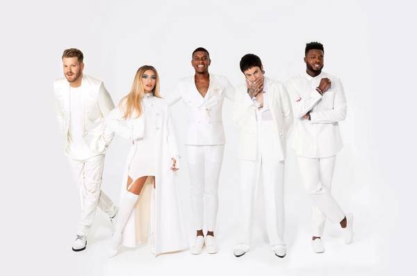 Group of five diverse adults in all-white outfits pose against a white backdrop, creating a bright, contemporary, fashion-forward aesthetic.
