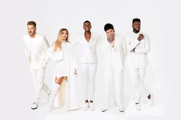 Group of five diverse adults in all-white outfits pose against a white backdrop, creating a bright, contemporary, fashion-forward aesthetic.