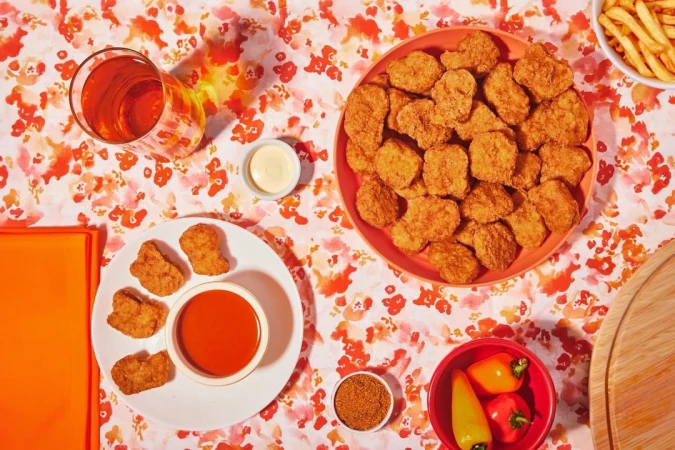 Overhead shot of chicken nuggets on plates with dipping sauces, fries, drink, peppers, and spices on a floral patterned tablecloth.