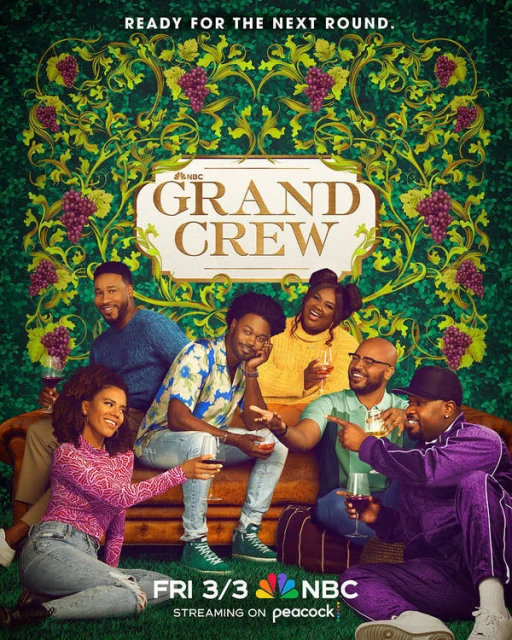 Group of six adults sitting on a couch, with a green and purple floral background, advertising NBC's show Grand Crew, streaming on Peacock.