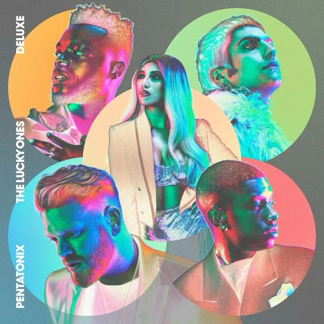 Album cover featuring five headshots of Pentatonix and The Lucky Ones members, in vibrant, surreal colors against a dark gray background.