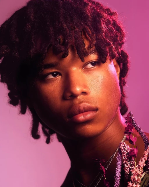 Portrait of a young adult with dreadlocks and flower adornments, shot in a photo studio with pink lighting and a shallow depth of field.