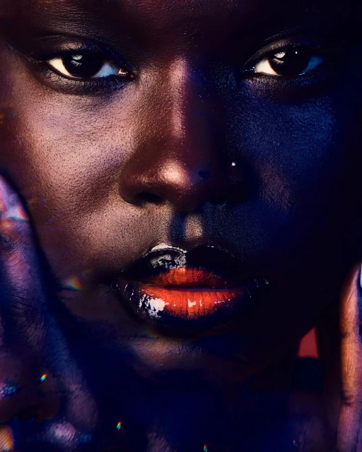 Close-up portrait of a dark-skinned woman with striking eye contact, red lipstick, and dramatic blue and purple lighting on her face.
