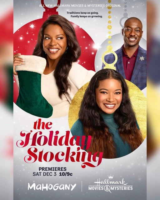 A movie poster for Hallmark's 'The Holiday Stocking' featuring three smiling African-American adults, Christmas ornaments, and holiday text.