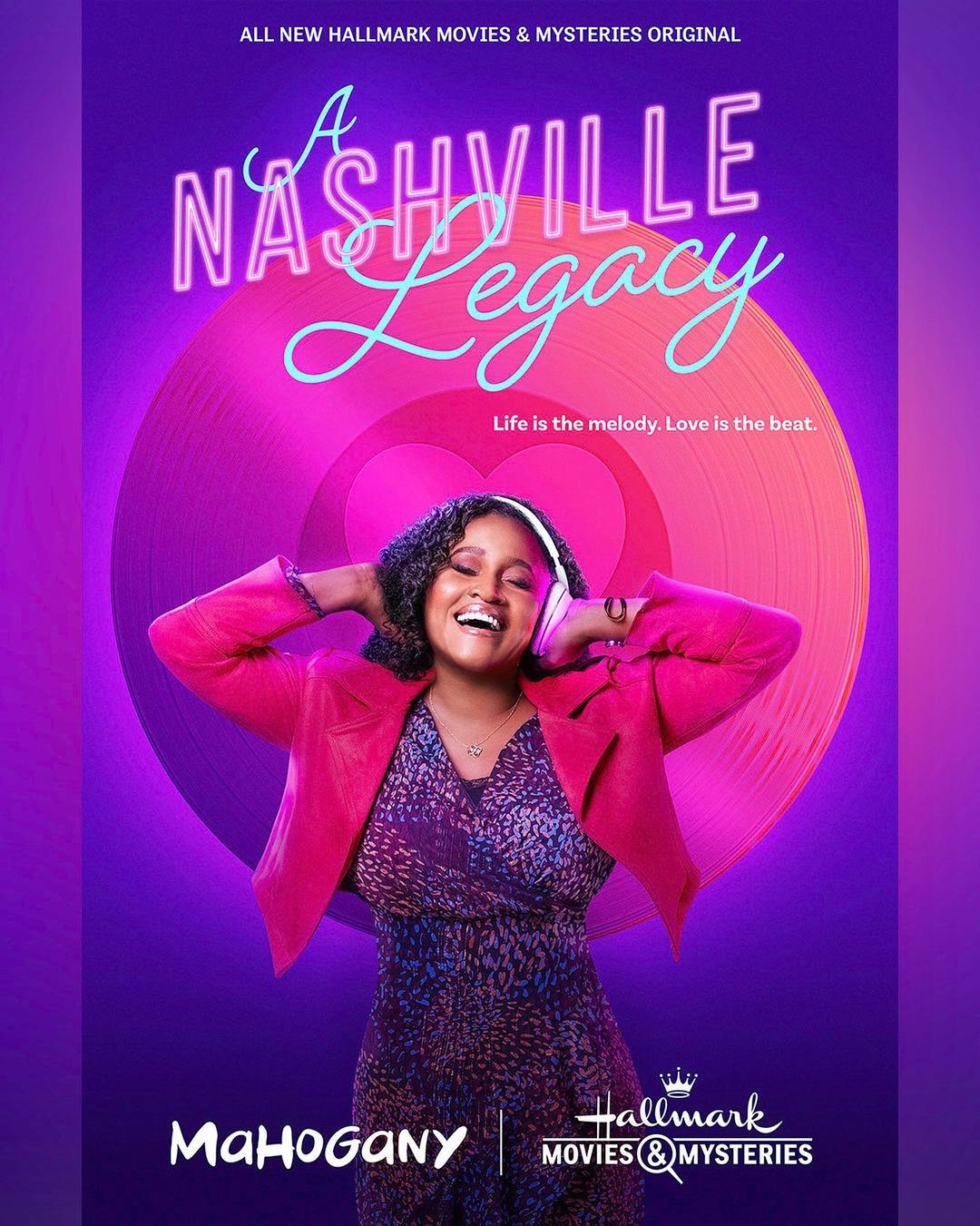 Movie poster: Smiling woman with headphones in 'A Nashville Legacy,' a Hallmark movie, set against a purple vinyl record backdrop.