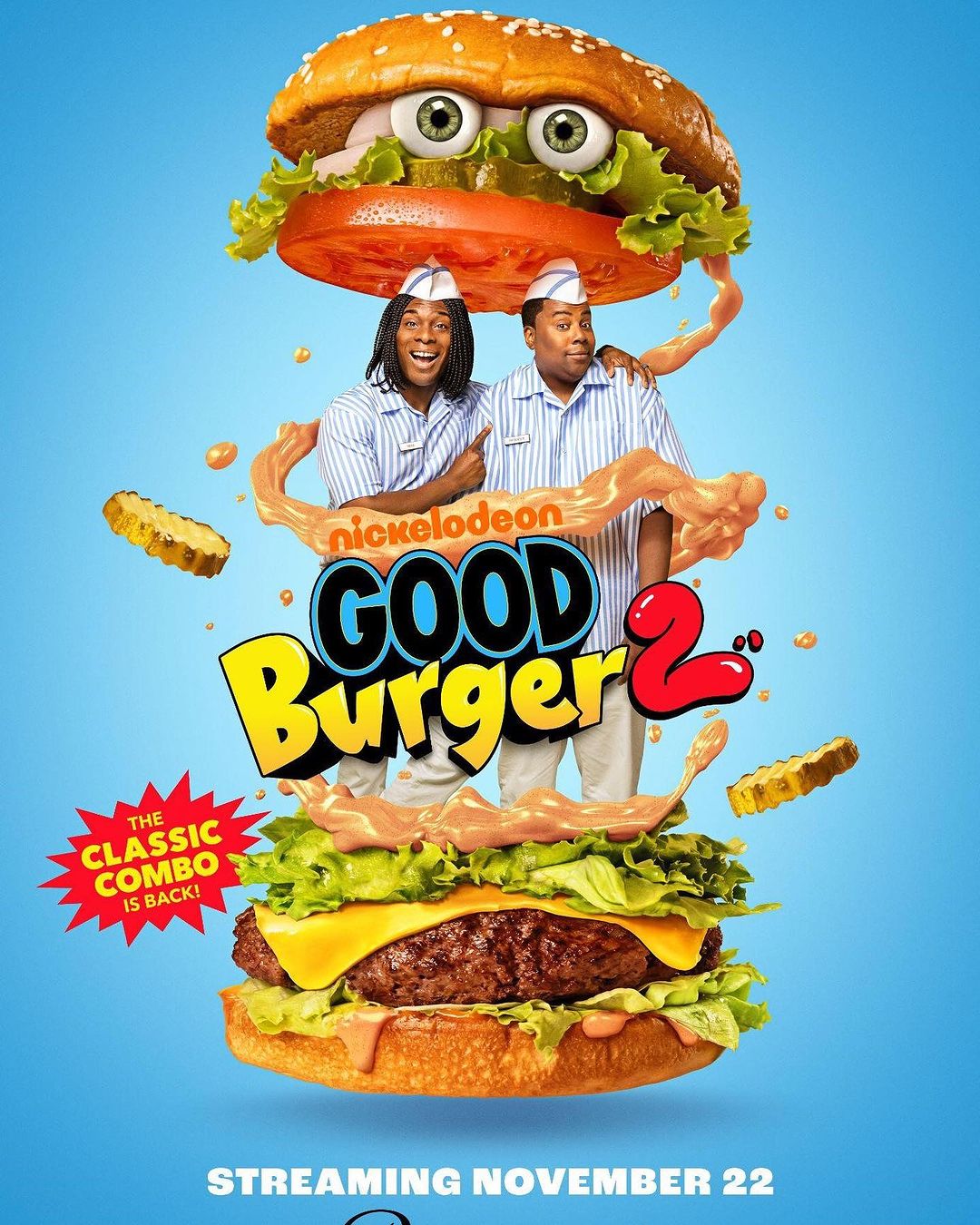 Poster for 'Good Burger 2' movie featuring Kenan Thompson and Kel Mitchell. Cartoon burger with eyes on a light blue background.