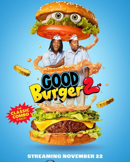 Poster for 'Good Burger 2' movie featuring Kenan Thompson and Kel Mitchell. Cartoon burger with eyes on a light blue background.