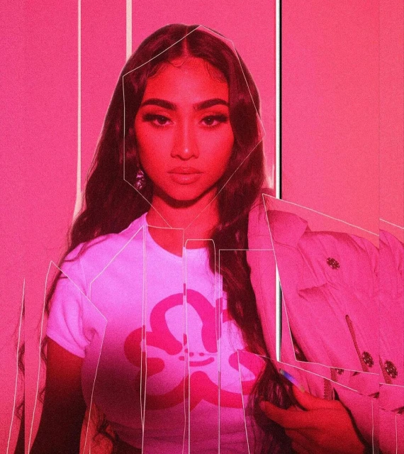 Portrait of a young adult woman in a white t-shirt with graphic, wearing a pink jacket, against a pink background with geometric overlays.