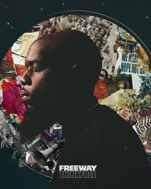 Album cover art features a man with a beard set against a collage-style backdrop with a crescent moon and bold typography elements.