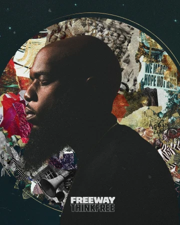Album cover art features a man with a beard set against a collage-style backdrop with a crescent moon and bold typography elements.
