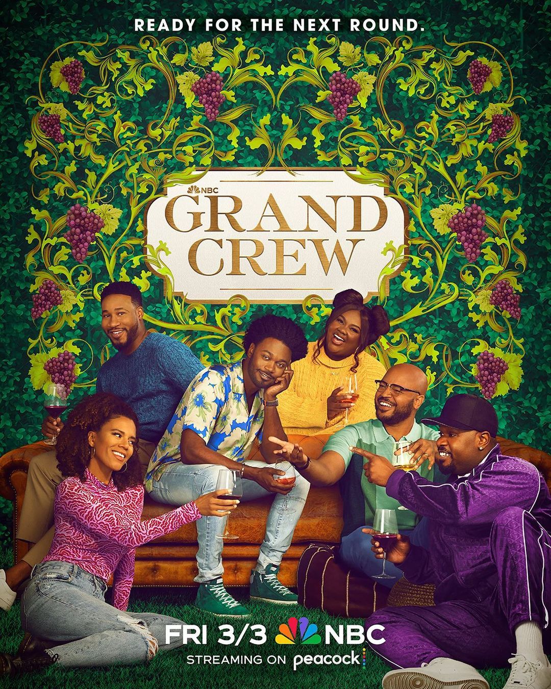 Promotional image for 'Grand Crew' features five adults seated on a couch with a lush green backdrop and grape vines, inviting viewers to the next round.