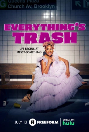 Promotional shot for 'Everything's Trash' featuring a smiling woman in a lilac dress, seated on a wooden bench in a subway station.