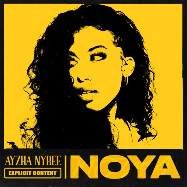 Artistic album cover featuring a woman with dark curly hair, set against a striking yellow backdrop with bold typography and graphic elements.