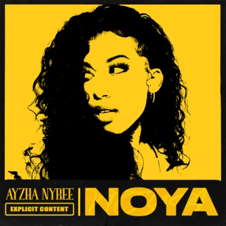 Artistic album cover featuring a woman with dark curly hair, set against a striking yellow backdrop with bold typography and graphic elements.