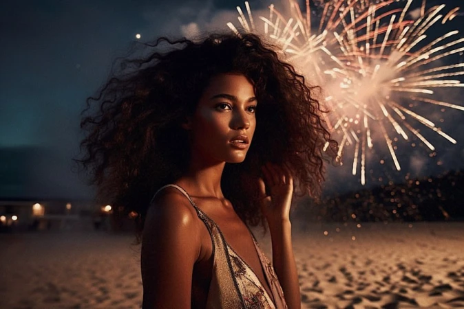 Woman with curly hair looks at fireworks on a beach at night, wearing an ornate tank top with warm lighting and a contemplative mood.