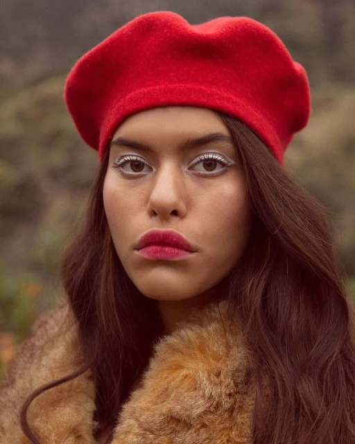 Portrait of a woman with long brown hair and red lipstick wearing a red beret and a fur coat against an outdoor background.
