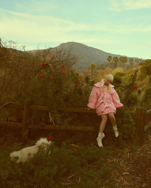 A young woman wearing a pink outfit, sitting on a wooden fence with a white dog sitting below, mountain landscape backdrop.