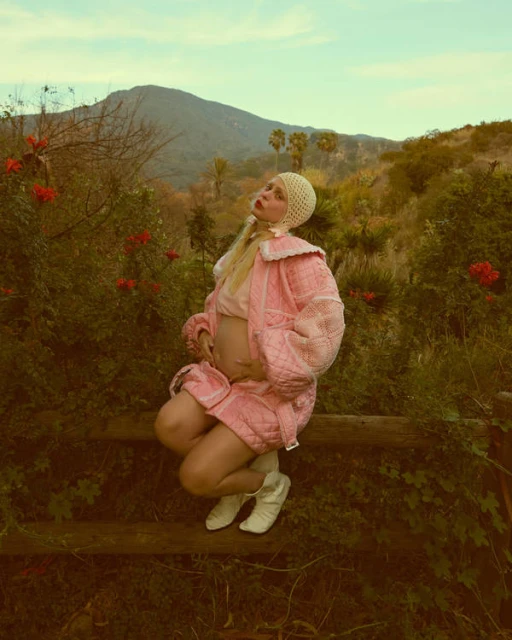 Pregnant woman in pink outfit poses outdoors. She's kneeling on a wooden fence amid greenery, hills, and a bright sky.