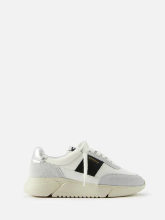 Low top sneaker in white and off-white featuring a black side panel and silver heel tab against a clean white background