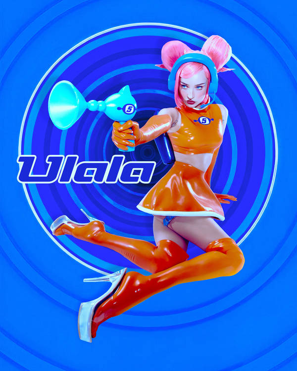 A futuristic woman in orange latex clothing and pink hair poses against a blue circular background, holding a toy ray gun.