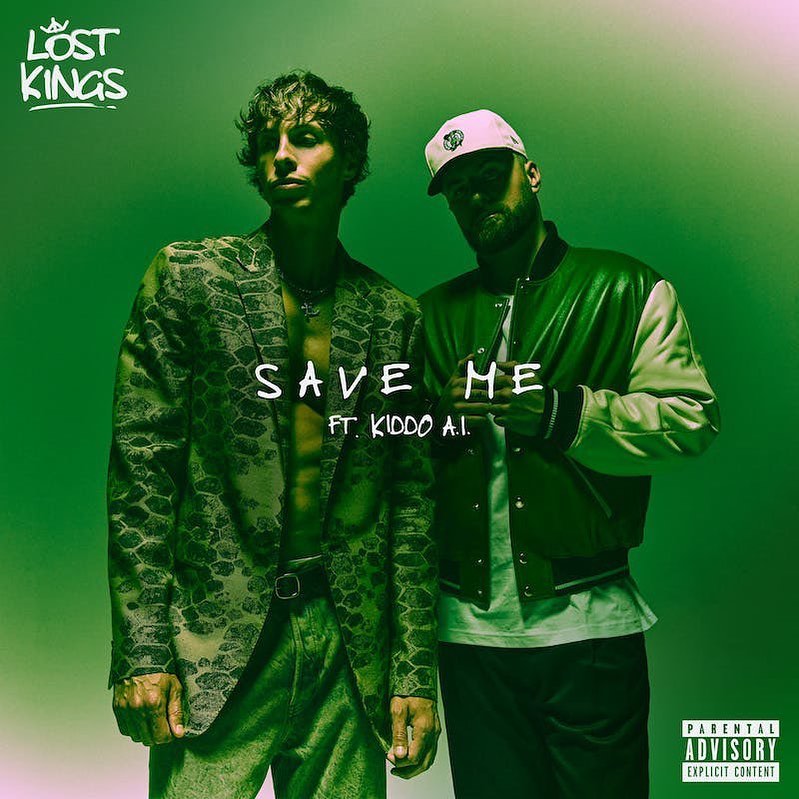 Two men pose in front of a green backdrop, one in a snakeskin jacket, the other in a baseball cap and bomber jacket. Music album cover.
