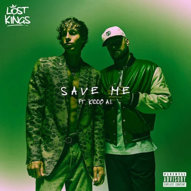 Two men pose in front of a green backdrop, one in a snakeskin jacket, the other in a baseball cap and bomber jacket. Music album cover.